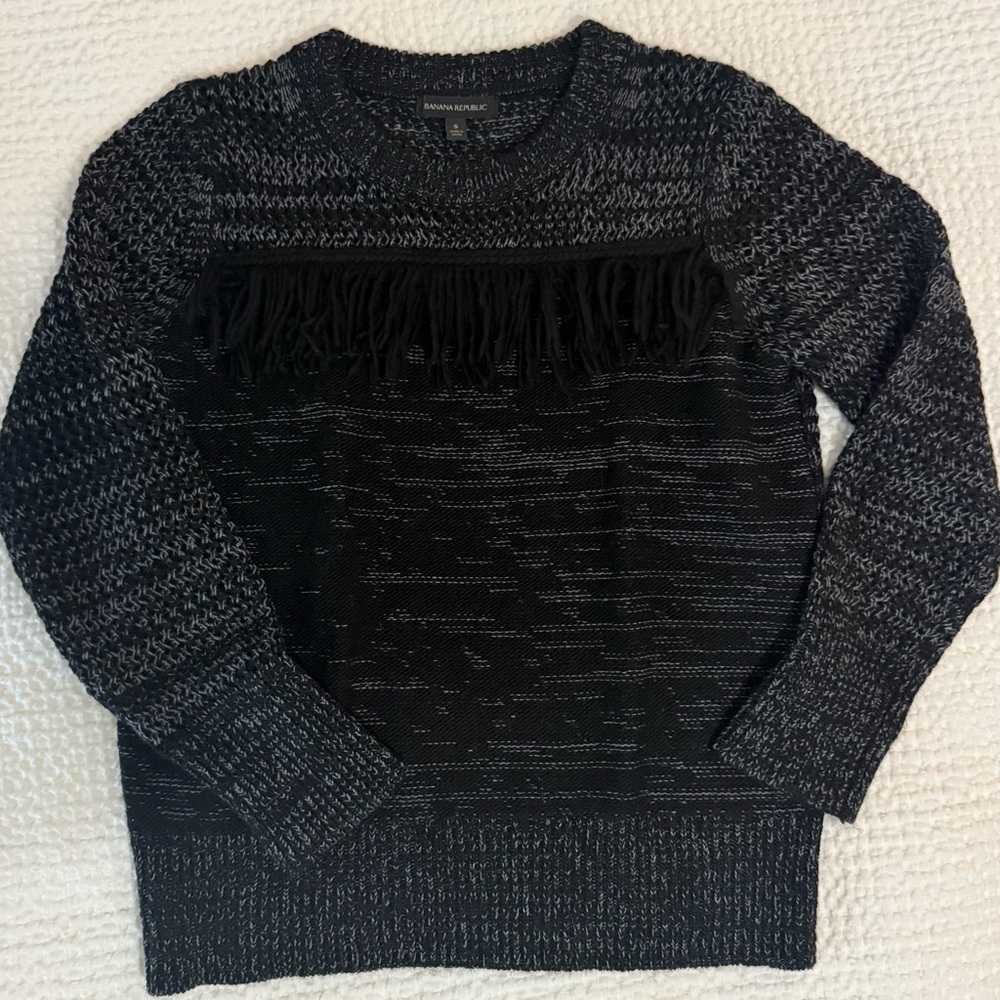 Banana Republic Black and Gray Knit Sweater with Fringe